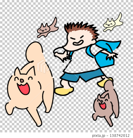 A mischievous elementary school student goes to school with his backpack open, and animals. 138742012