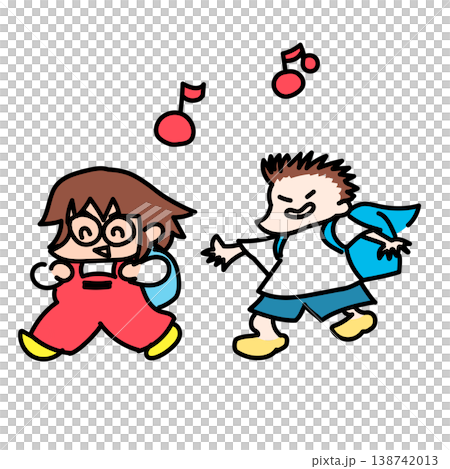 A mischievous elementary school student walking to school with his backpack open, and an elementary school student wearing glasses. 138742013