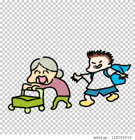 一個調皮的小學生和他的奶奶背著敞開的書包去上學。 一個調皮的小學生和他的奶奶背著敞開的書包去上學。 138742014