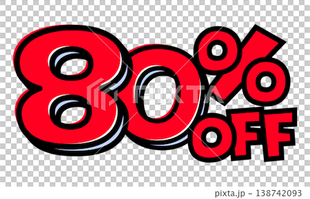 80%OFFの文字パーツ。黒太フチと赤文字のポップなセールロゴ。背景透過で使いやすい素材 80%OFFの文字パーツ。黒太フチと赤文字のポップなセールロゴ。背景透過で使いやすい素材 138742093