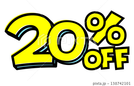 20%OFFの文字パーツ。黒太フチと黄色文字のポップなセールロゴ。背景透過で使いやすい素材 20%OFFの文字パーツ。黒太フチと黄色文字のポップなセールロゴ。背景透過で使いやすい素材 138742101