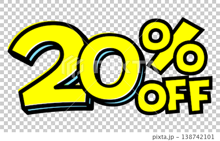 20%OFFの文字パーツ。黒太フチと黄色文字のポップなセールロゴ。背景透過で使いやすい素材 20%OFFの文字パーツ。黒太フチと黄色文字のポップなセールロゴ。背景透過で使いやすい素材 138742101