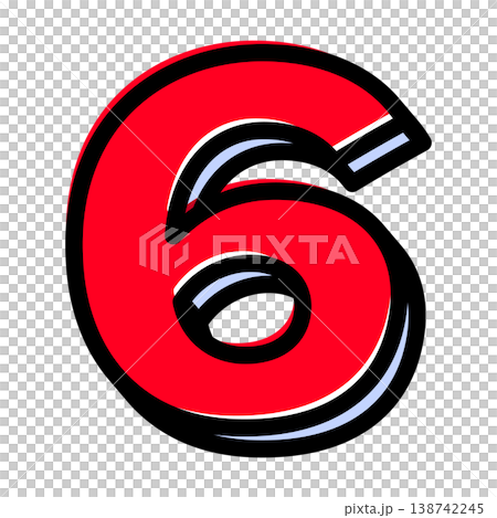 A pop-style single "6" font. Features a bold black outline and red lettering in a comic book style. Ideal for sales and pricing. 138742245