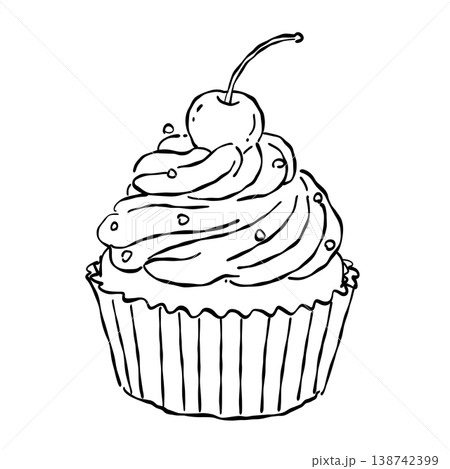 Cherry Topped Frosted Cupcake With Swirled Buttercream Sweet Bakery Dessert Vintage Patisserie Line Art Illustration 138742399