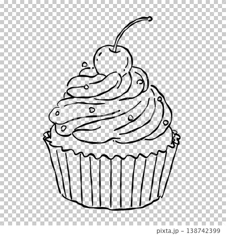 Cherry Topped Frosted Cupcake With Swirled Buttercream Sweet Bakery Dessert Vintage Patisserie Line Art Illustration 138742399