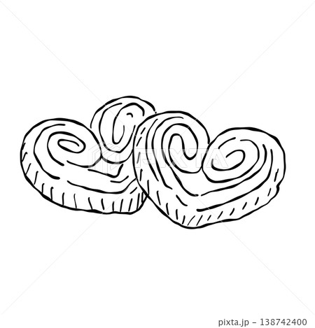 Classic French Palmier Puff Pastry Cookie Sweet Butter Sugar Pastry From Traditional European Bakery Vintage Line Art Illustration 138742400