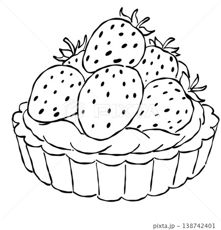 Fresh Strawberry Cream Tart With Whole Strawberries On Flaky Pastry Crust Classic French Bakery Dessert Vintage Patisserie Line Art Illustration 138742401