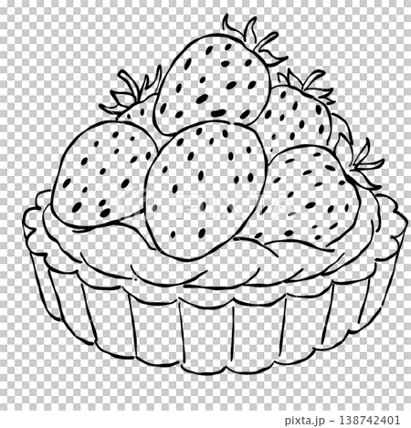Fresh Strawberry Cream Tart With Whole Strawberries On Flaky Pastry Crust Classic French Bakery Dessert Vintage Patisserie Line Art Illustration 138742401