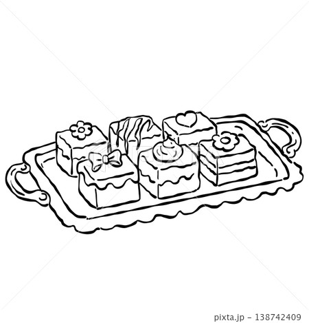 Elegant Bakery Dessert Serving Tray With Assorted Cakes Pastries And Sweet Treats Vintage French Patisserie Line Art Illustration 138742409