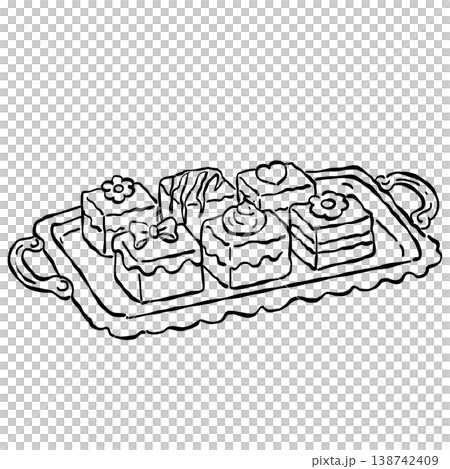 Elegant Bakery Dessert Serving Tray With Assorted Cakes Pastries And Sweet Treats Vintage French Patisserie Line Art Illustration 138742409