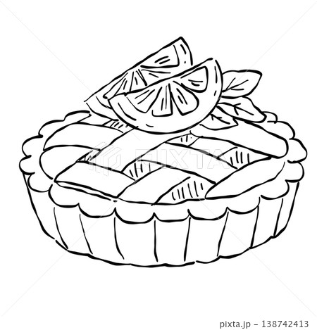 Classic Lemon Tart With Citrus Slices Fresh Fruit Dessert French Bakery Patisserie Style Vintage Line Art Illustration Classic Lemon Tart With Citrus Slices Fresh Fruit Dessert French Bakery Patisserie Style Vintage Line Art Illustration 138742413