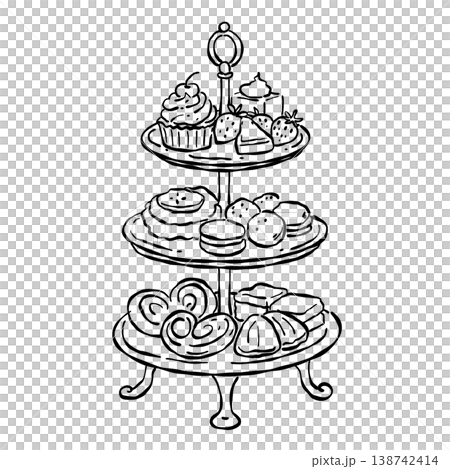 Elegant Three Tier Dessert Stand With Cakes Pastries Macarons And Strawberries Vintage Afternoon Tea Bakery Line Art Illustration Elegant Three Tier Dessert Stand With Cakes Pastries Macarons And Strawberries Vintage Afternoon Tea Bakery Line Art Illustration 138742414