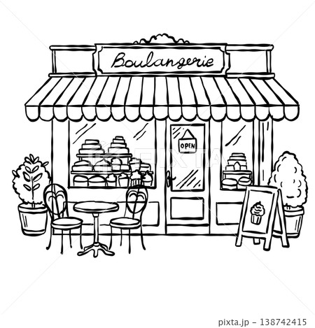 Vintage French Boulangerie Bakery Storefront With Outdoor Cafe Table And Pastry Window Display Cozy European Bakery Line Art Illustration Vintage French Boulangerie Bakery Storefront With Outdoor Cafe Table And Pastry Window Display Cozy European Bakery Line Art Illustration 138742415
