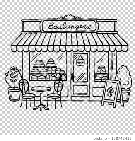Vintage French Boulangerie Bakery Storefront With Outdoor Cafe Table And Pastry Window Display Cozy European Bakery Line Art Illustration Vintage French Boulangerie Bakery Storefront With Outdoor Cafe Table And Pastry Window Display Cozy European Bakery Line Art Illustration 138742415
