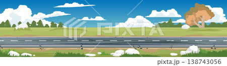 Horizontal or landscape of straight asphalt road with a rough surface. On the wide grassland. Ggrasses and trees growing on both sides. Forest and blue sky with white clouds. for banner background. 138743056