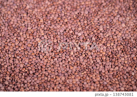 Close view of wholesome seeds. Detailed shot showcasing healthy seed texture. Macro photograph capturing rustic appeal of densely packed lentil seeds in natural tones 138743081