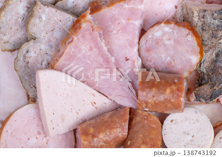 Variety of smoked and cured meat slices. Artisan meat assortment with rustic market ambiance. An elaborate selection of smoked and cured meats under vintage market lights 138743192