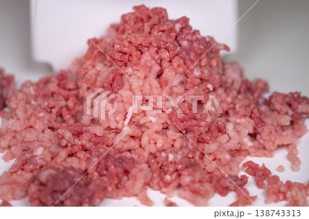 Meat texture closeup. Highresolution image emphasizing meat texture and freshness indicators. Detailed macro shot capturing quality and moisture of ground meat sample Meat texture closeup. Highresolution image emphasizing meat texture and freshness indicators. Detailed macro shot capturing quality and moisture of ground meat sample 138743313