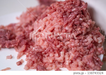 Detailed perspective of ground meat. Magnified examination of chopped beef fibers. Comprehensive microscopic view highlighting intricate fibers within chopped beef surfaces Detailed perspective of ground meat. Magnified examination of chopped beef fibers. Comprehensive microscopic view highlighting intricate fibers within chopped beef surfaces 138743324