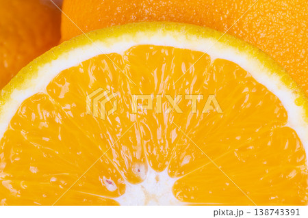 Vivid citrus photo. Bright and vivid image capturing juicy orange segments and pulp. Close digital photograph showcasing glossy surface and vibrant pulp of ripe orange slices 138743391