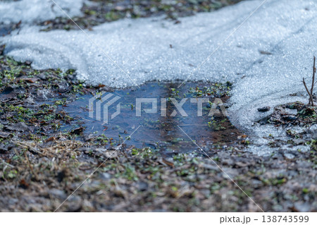 Snow melts revealing moist earth. Fading snow uncovers damp ground beneath. Gentle morning illumination exposes melting snow patches and moist terrain in early spring 138743599
