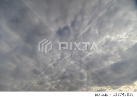Soft textured clouds create mosaic sky of small rounded pockets and muted tones, diffused light produces delicate contrast, suitable for abstract background and editorial use Soft textured clouds create mosaic sky of small rounded pockets and muted tones, diffused light produces delicate contrast, suitable for abstract background and editorial use 138743819