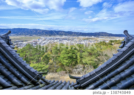 伊賀市、伊賀上野城の天守閣から眺める伊賀の街並み（伊賀上野駅方向） 138743849