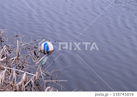 Abandoned toy amid murky water. Lonely debris and withered plants in quiet water setting. Serene yet forlorn scene of discarded items surrounded by decaying reeds 138743859