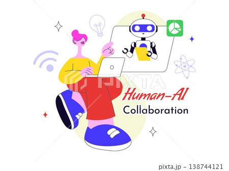 Human AI Collaboration Illustration With People And Robots Working Together, Digital Technology Innovation, Smart Automation and Future Workflow 138744121