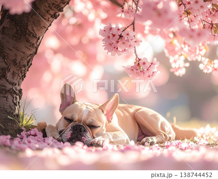 満開の桜の木の下で昼寝をするフレンチブルドッグ 138744452