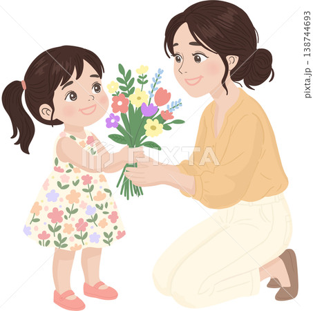 Heartwarming illustration of a little girl giving a colorful bouquet of flowers to her mother. Heartwarming illustration of a little girl giving a colorful bouquet of flowers to her mother. 138744693