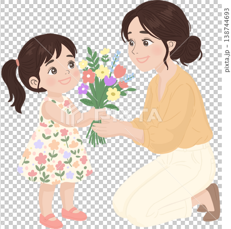 Heartwarming illustration of a little girl giving a colorful bouquet of flowers to her mother. 138744693