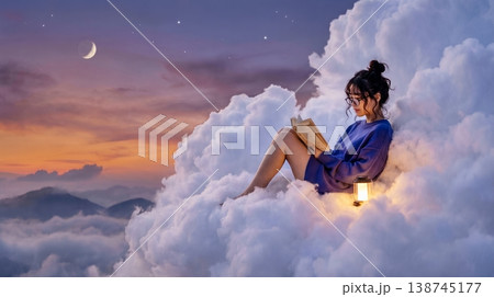 夕暮れの空に浮かぶ雲の上で、ランタンの灯りで読書をする女性 138745177