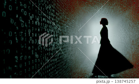 デジタルデータと日本人ビジネスウーマン｜AI・IT時代のテクノロジーイメージ（バイナリーコード）