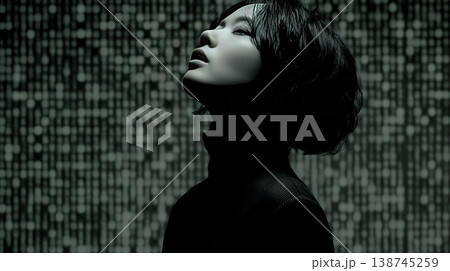 デジタルデータと日本人ビジネスウーマン｜AI・IT時代のテクノロジーイメージ（バイナリーコード）