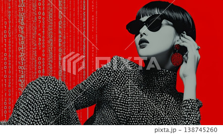 デジタルデータと日本人ビジネスウーマン｜AI・IT時代のテクノロジーイメージ（バイナリーコード）