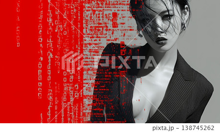 デジタルデータと日本人ビジネスウーマン｜AI・IT時代のテクノロジーイメージ（バイナリーコード）