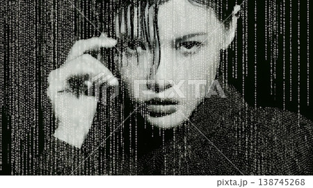 デジタルデータと日本人ビジネスウーマン｜AI・IT時代のテクノロジーイメージ（バイナリーコード）