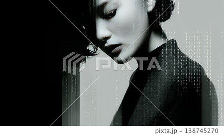 デジタルデータと日本人ビジネスウーマン｜AI・IT時代のテクノロジーイメージ（バイナリーコード）