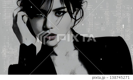 デジタルデータと日本人ビジネスウーマン｜AI・IT時代のテクノロジーイメージ（バイナリーコード） 138745271