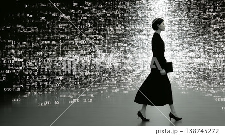 デジタルデータと日本人ビジネスウーマン｜AI・IT時代のテクノロジーイメージ（バイナリーコード）