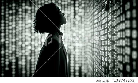 デジタルデータと日本人ビジネスウーマン｜AI・IT時代のテクノロジーイメージ（バイナリーコード）