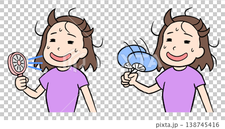 A set of illustrations depicting two women cooling themselves with a handheld fan and a traditional Japanese fan. A set of illustrations depicting two women cooling themselves with a handheld fan and a traditional Japanese fan. 138745416