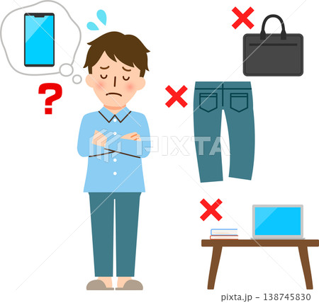家の中でスマートフォンが見つからなくて困っている男性 家の中でスマートフォンが見つからなくて困っている男性 138745830