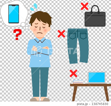 家の中でスマートフォンが見つからなくて困っている男性 家の中でスマートフォンが見つからなくて困っている男性 138745830