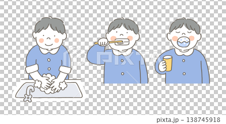 A boy gargles, washes his hands, and brushes his teeth. 138745918