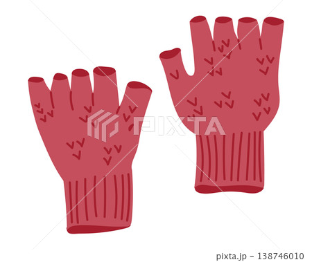 Red fingerless gloves featuring a textured design and ribbed cuffs, ideal for keeping hands warm while allowing finger mobility, set on a white background 138746010