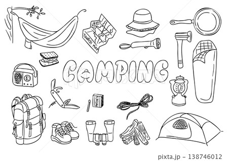 Camping equipment illustration featuring a backpack, tent, flashlight, hammock, and various outdoor gear arranged around the word CAMPING in a playful font Camping equipment illustration featuring a backpack, tent, flashlight, hammock, and various outdoor gear arranged around the word CAMPING in a playful font 138746012