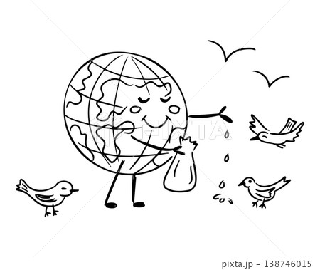 Cartoon illustration of Earth character happily watering plants while surrounded by birds, promoting environmental care and sustainability in a playful manner 138746015