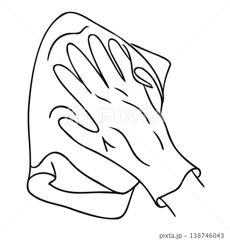 Hand in a rubber glove cleans a surface using a cloth, depicted in a simple black and white illustration with clear outlines and minimal detail Hand in a rubber glove cleans a surface using a cloth, depicted in a simple black and white illustration with clear outlines and minimal detail 138746043